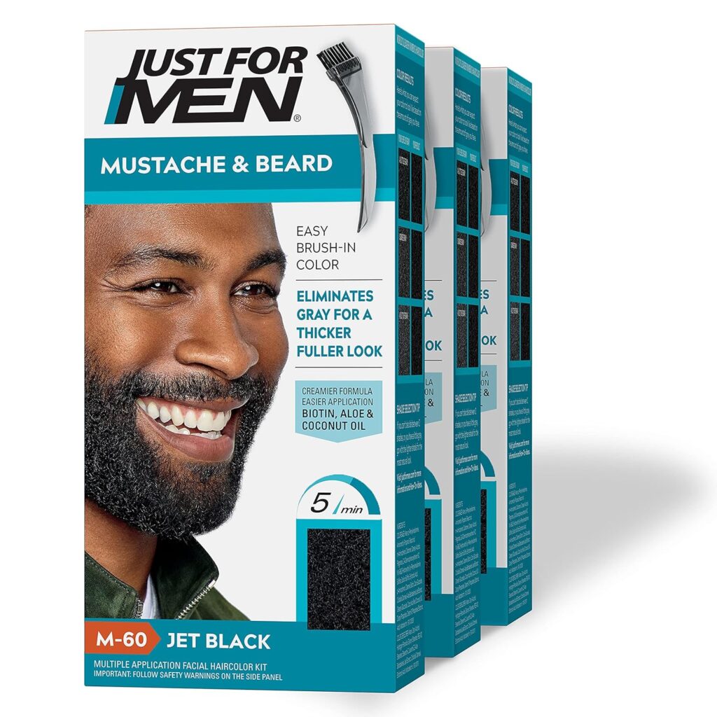 Just For Men Mustache  Beard, Beard Dye for Men with Brush Included for Easy Application, With Biotin Aloe and Coconut Oil for Healthy Facial Hair - Jet Black, M-60, Pack of 3