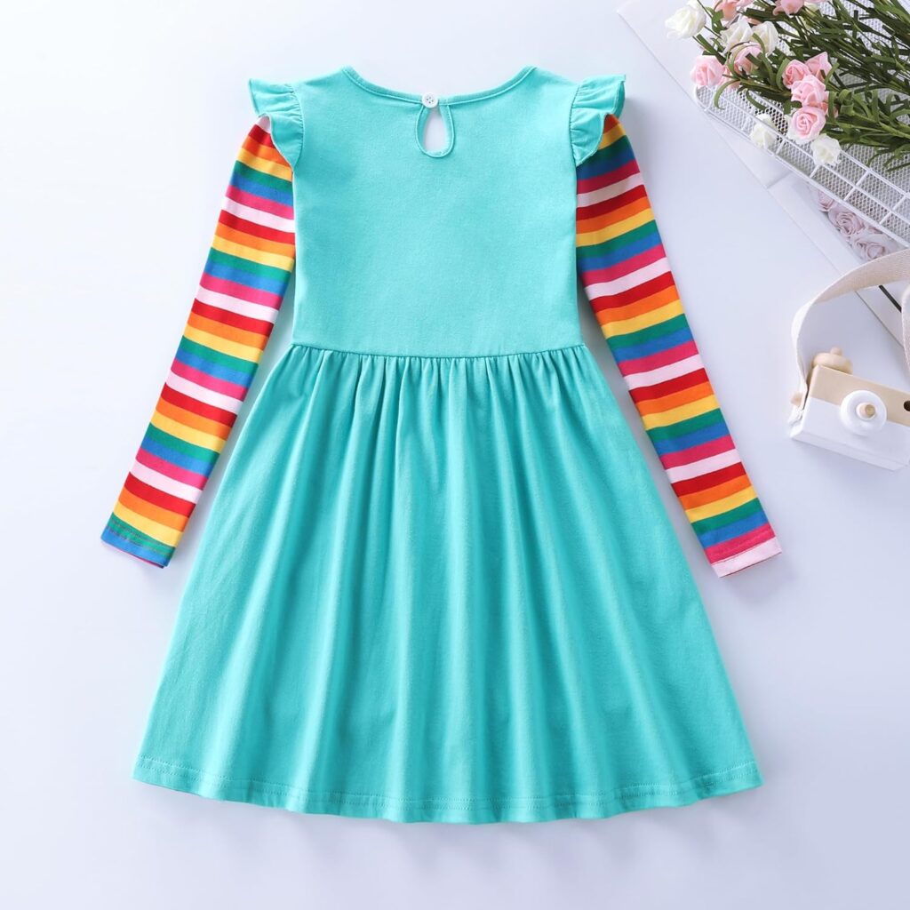 JUXINSU Cotton Girls Flower Rainbow Long Sleeve Dresses Butterfly Animal for Kids 3-8 Years