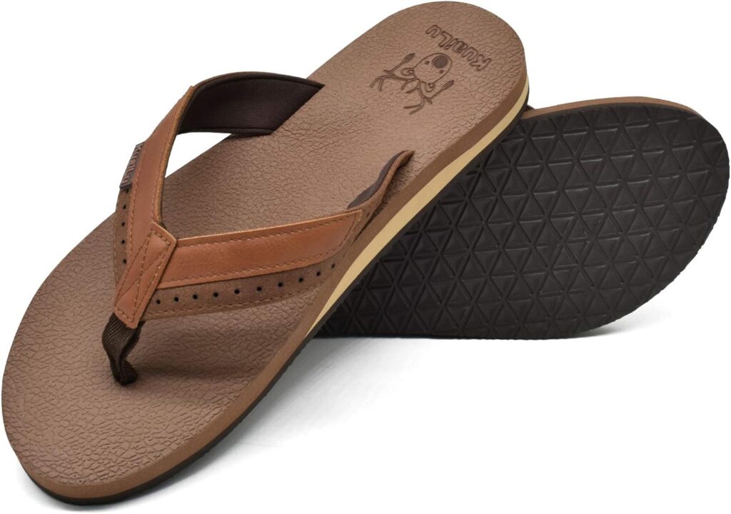 KuaiLu Mens Yoga Mat Leather Flip Flops Thong Sandals with Arch Support