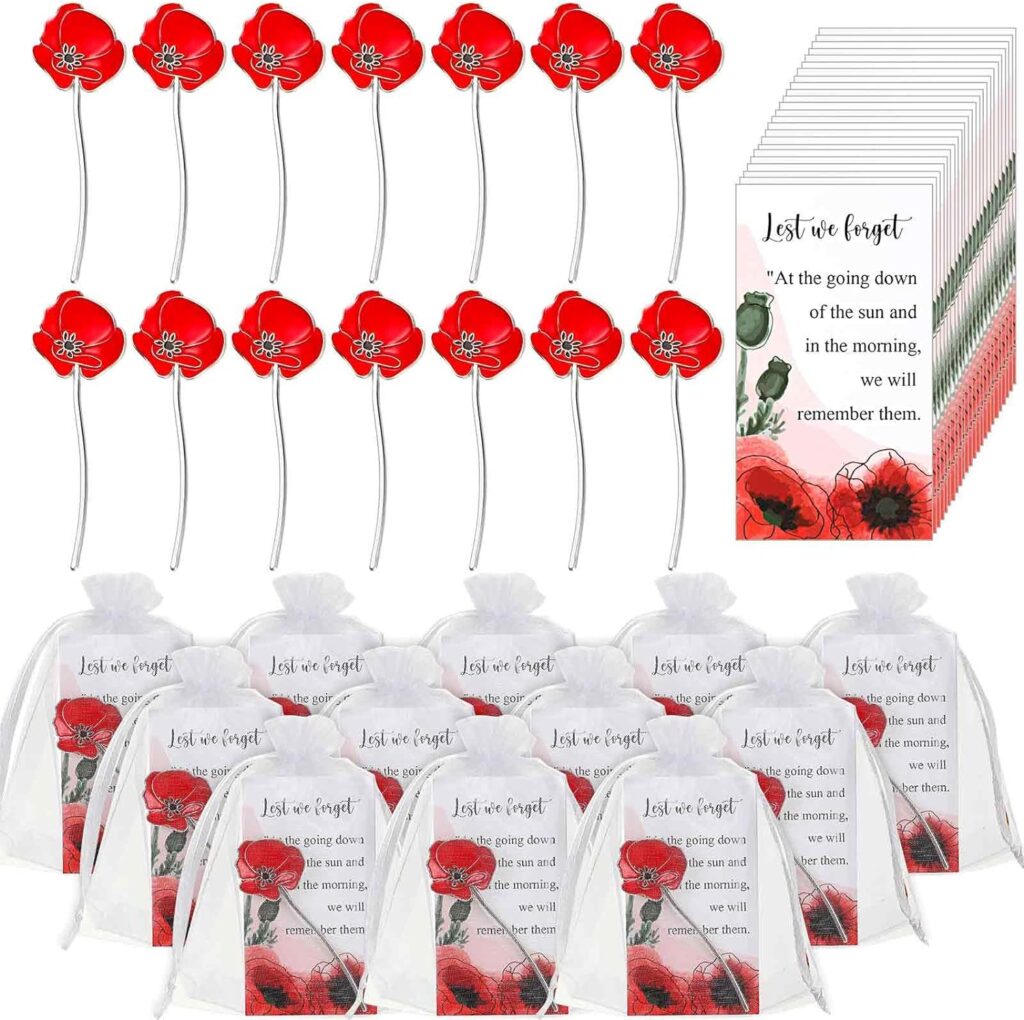 Lyrow 36 Pcs Red Poppy Lapel Pin Poppy Flower Bouquet Shape Brooch Pin Solider Apparel Badges Pin with Memorial Card White Organza Bag for Veterans Day Memorial Day Remembrance Day Women Men Girl Gift