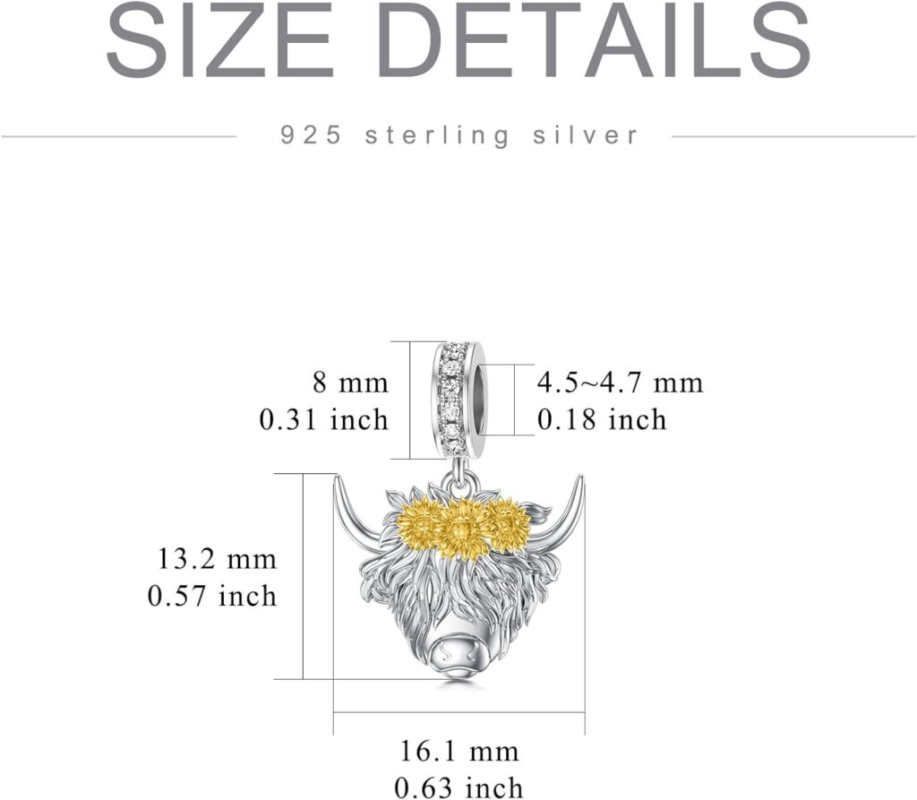 MEIDERBO Highland Cow Charms for Bracelets Necklace 925 Sterling Silver Highland Cow Sunflower Bead Highland Cow Necklace Bracelet Cow Jewelry Gifts for Girls Women Cow lover