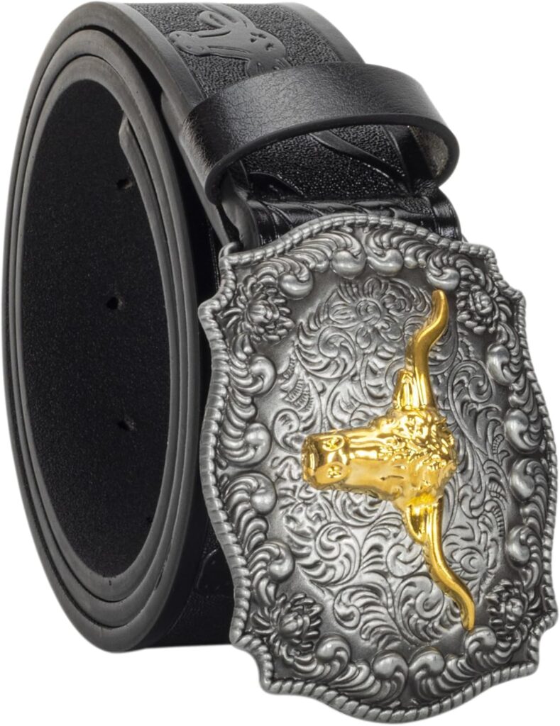 Men Women Western-Cowboy-Belt PU Leather Floral Engraved Bull Buckle-Belts for Jeans (for 25 to 39 Waist)
