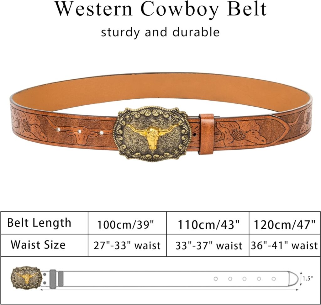 Mens Western Cowboy Belt - Longhorn Bull Pattern Buckle Belt Floral Engraved Buckle Belt