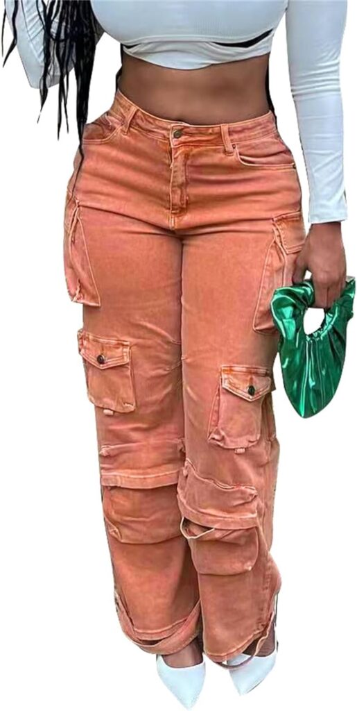 Molisry Cargo Pants for Women High Waisted Jeans Casual Solid Denim Sweatpants Streetwear with Pockets 2023