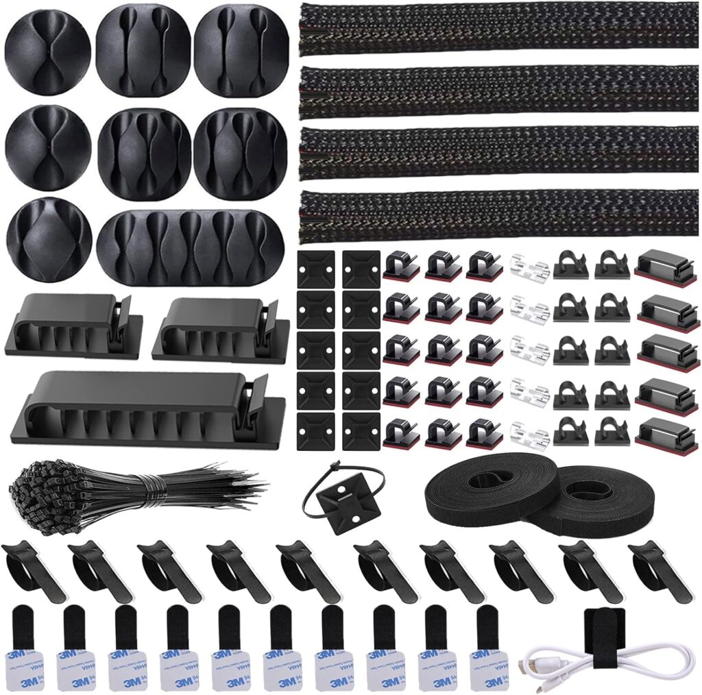 N NOROCME 192 PCS Cable Management Kit 4 Wire Organizer Sleeve,11 Cable Holder,35Cord Clips 10+2 Roll Cable Organizer Straps and 100 Fastening Cable Ties for Computer TV Under Desk, black,clear