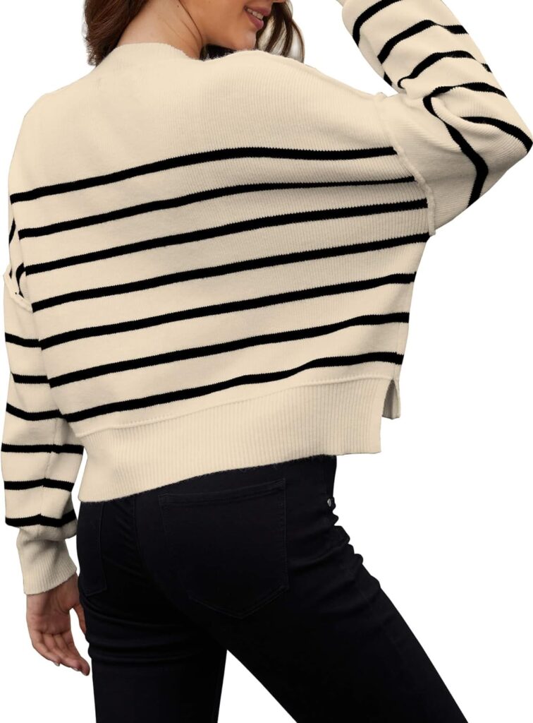 NENONA Womens Oversized Striped Ribbed Knit Cropped Sweaters Dropped Sleeve Fall Trendy Crop Top Pullover Sweatshirts