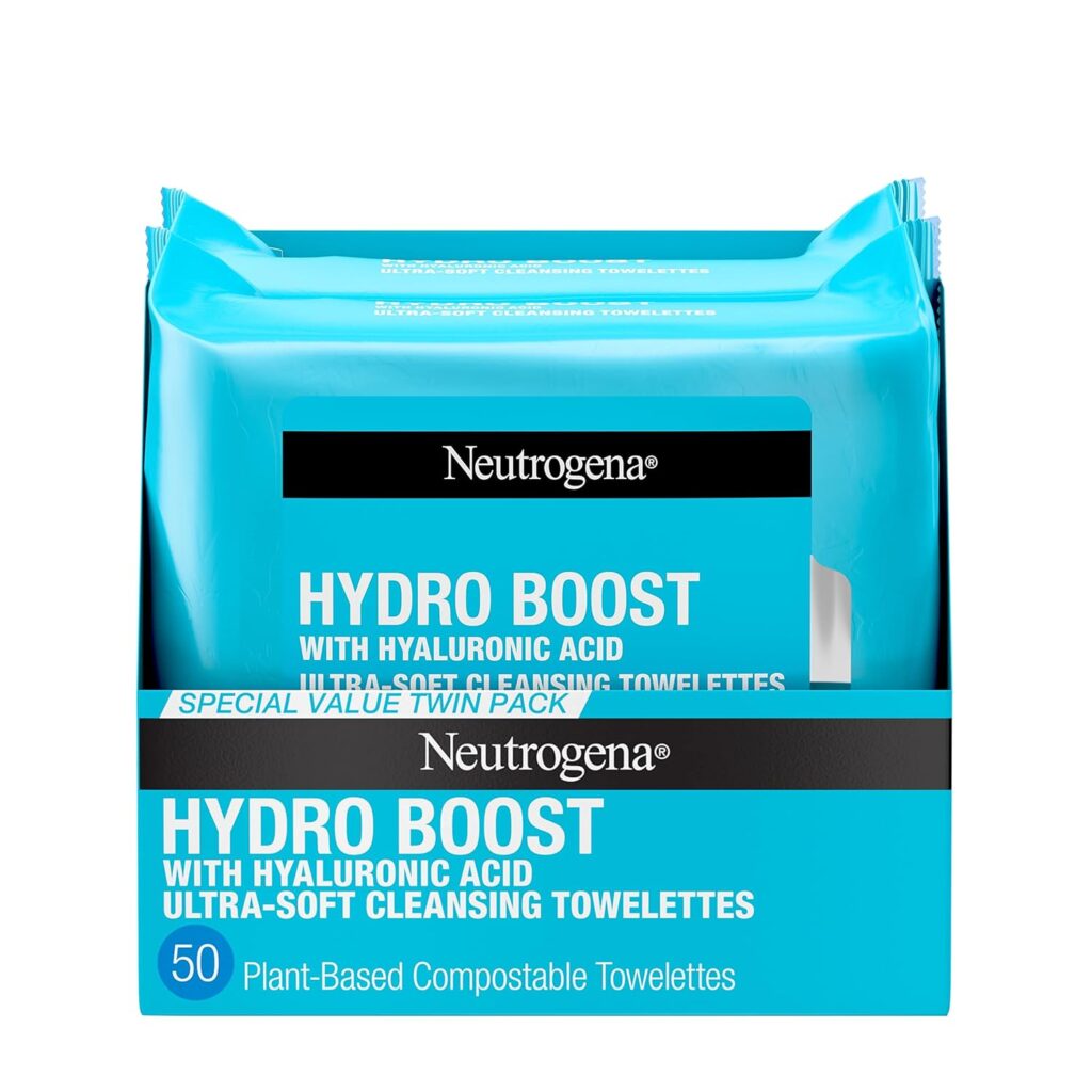 Neutrogena Hydro Boost Facial Cleansing Towelettes + Hyaluronic Acid, Hydrating Makeup Remover Face Wipes Remove Dirt  Waterproof Makeup, Hypoallergenic, 100% Plant-Based Cloth, 2 x 25 ct