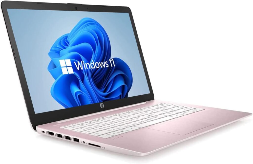Newest HP 14 HD Laptop, Windows 11, Intel Celeron Dual-Core Processor Up to 2.60GHz, 4GB RAM, 64GB SSD, Webcam, Dale Pink(Renewed) (Dale Pink)