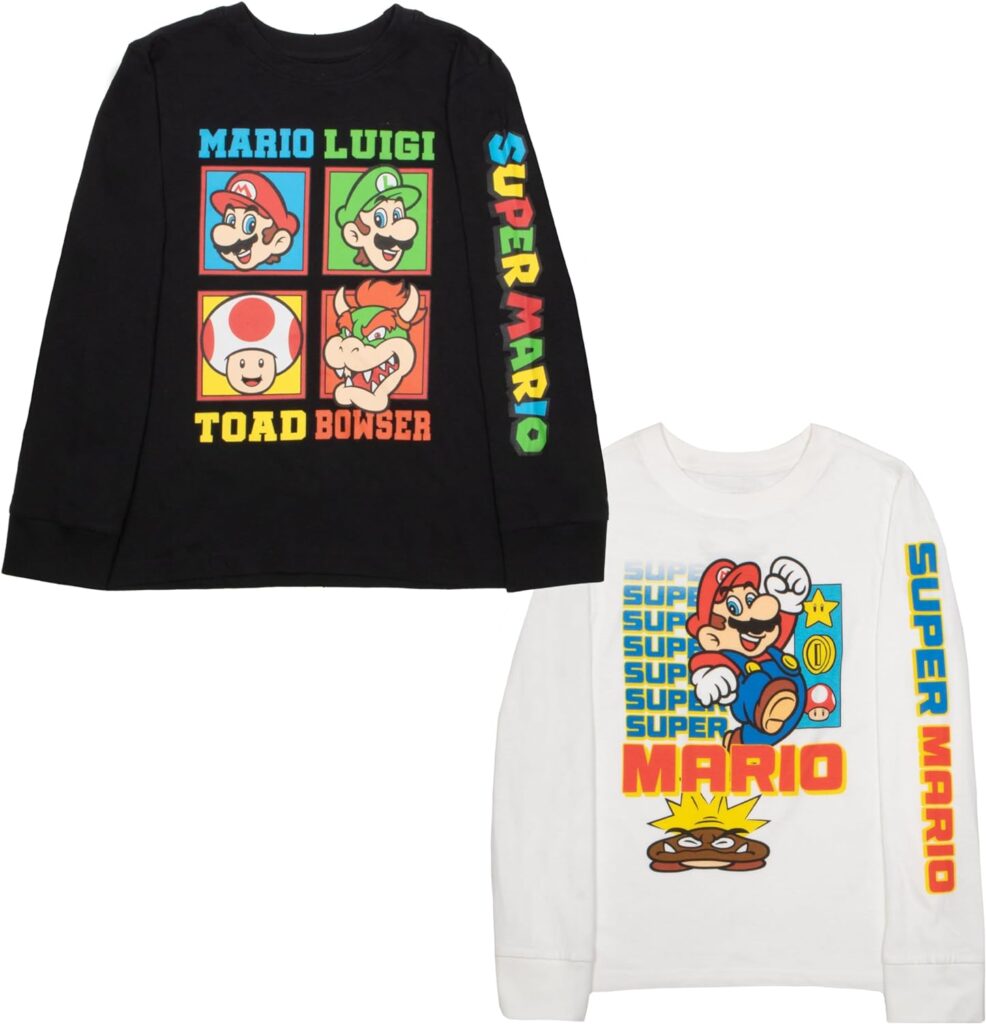 Nintendo Kids Super Mario Bros Mario  Luigi Boys Long Sleeve 2-Pack T-Shirt Bundle Set for Boys