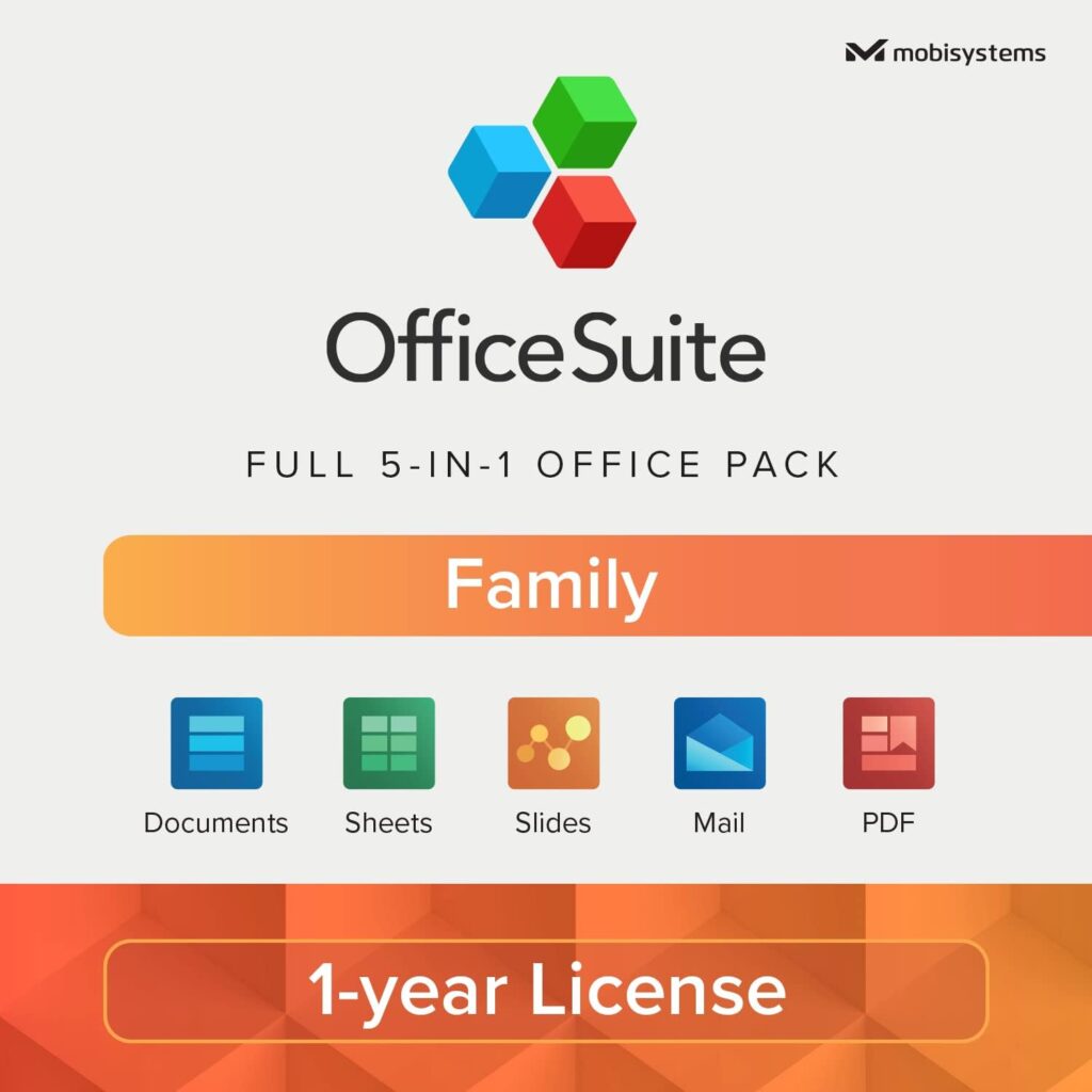 OfficeSuite Family Compatible with Microsoft® Office Word® Excel®  PowerPoint® and Adobe® PDF for PC Windows 10, 8.1, 8, 7 - 1-year license, 6 users