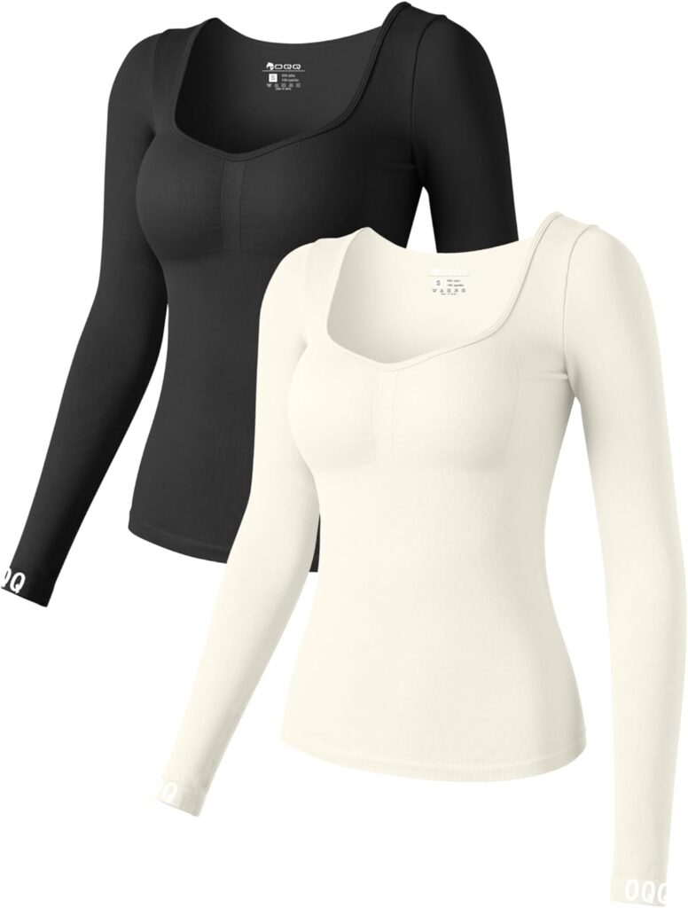 OQQ Women 2 Piece Long Sleeve Tops Seamless Stretch Fitted Underscrubs Layer Tee Shirts Tops