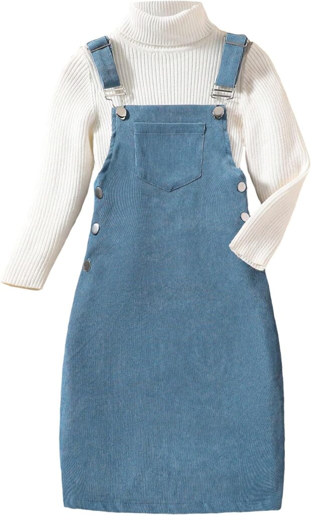 OYOANGLE Girls Corduroy Sleeveless Button Strap Pinafore Dress Casual Pocket Front Midi Overall Dresses