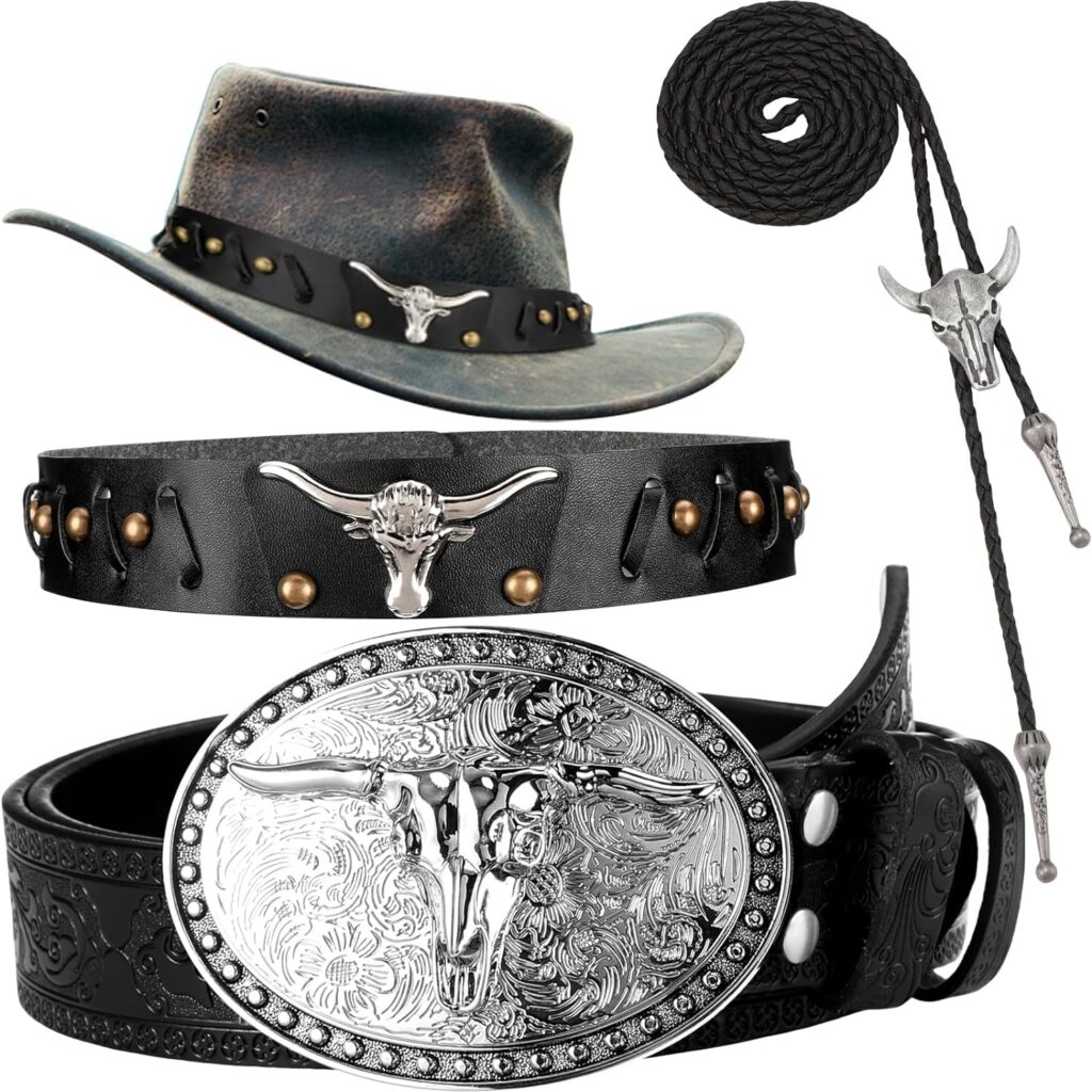 Panitay 3 Pcs Cowboy Accessories for Men Including Western Buckle Belt Hat Band for Cowboy Hat Vintage Bolo Tie (No Hat)