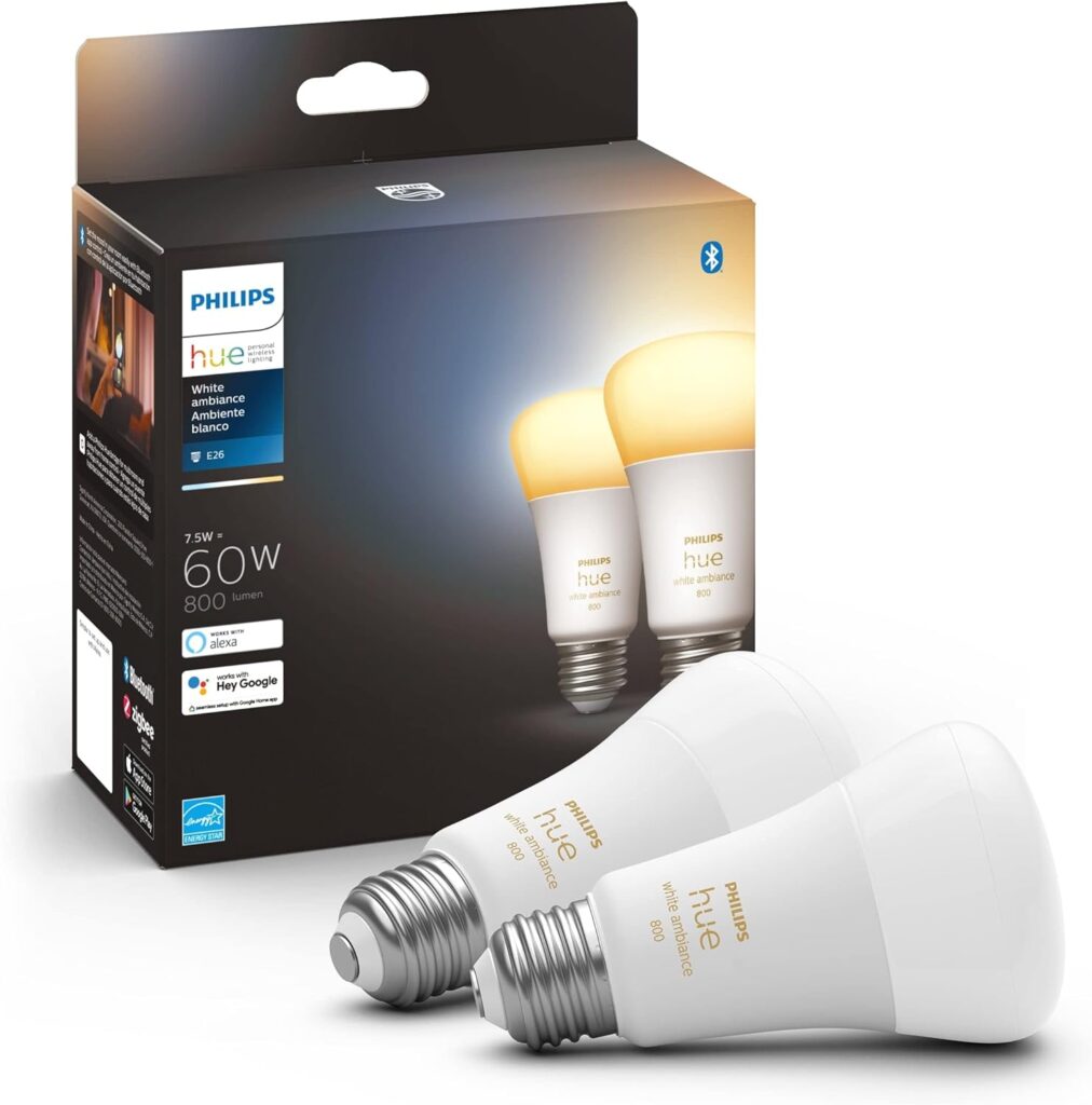 Philips Hue White Ambiance 2-Pack A19 LED Smart Bulb, Bluetooth  Zigbee compatible (Hue Hub Optional),Works with Alexa  Google Assistant – A Certified for Humans Device, 7.5W
