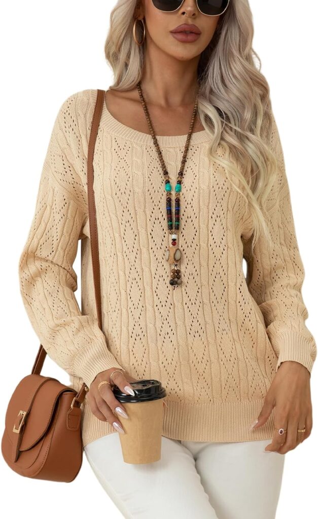 QUEZHU Womens Long Sleeve Sweater Tops Crew Neck Cable Knit Casual Pullover Shirt