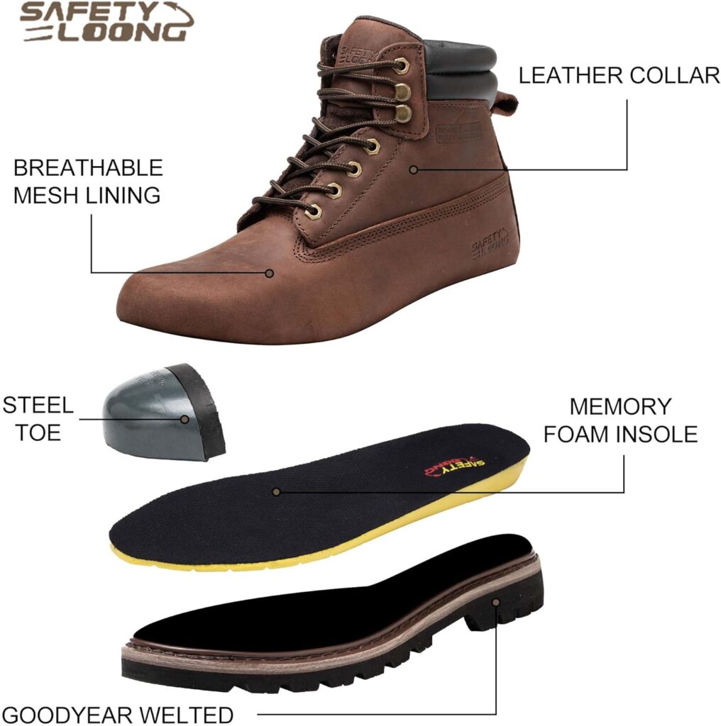 SAFETY LOONG Steel Toe Work Boots for Men Waterproof Real Leather Slip Resistant