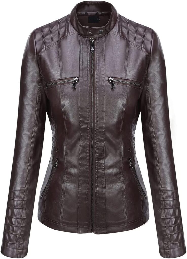 Springrain Womens Faux Leather Jacket Moto Biker Coat with Detachable Hood Motorcycle Jacket