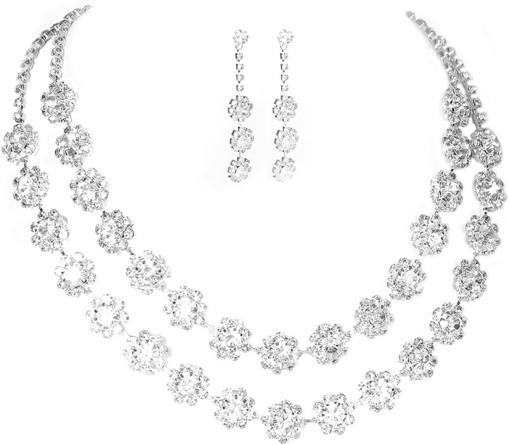 Supra Diamanto Silver Bridal Necklace Earrings Set Bridel Wedding Jewelry Set Rhinestone Choker Necklace for Women (2 piece set)