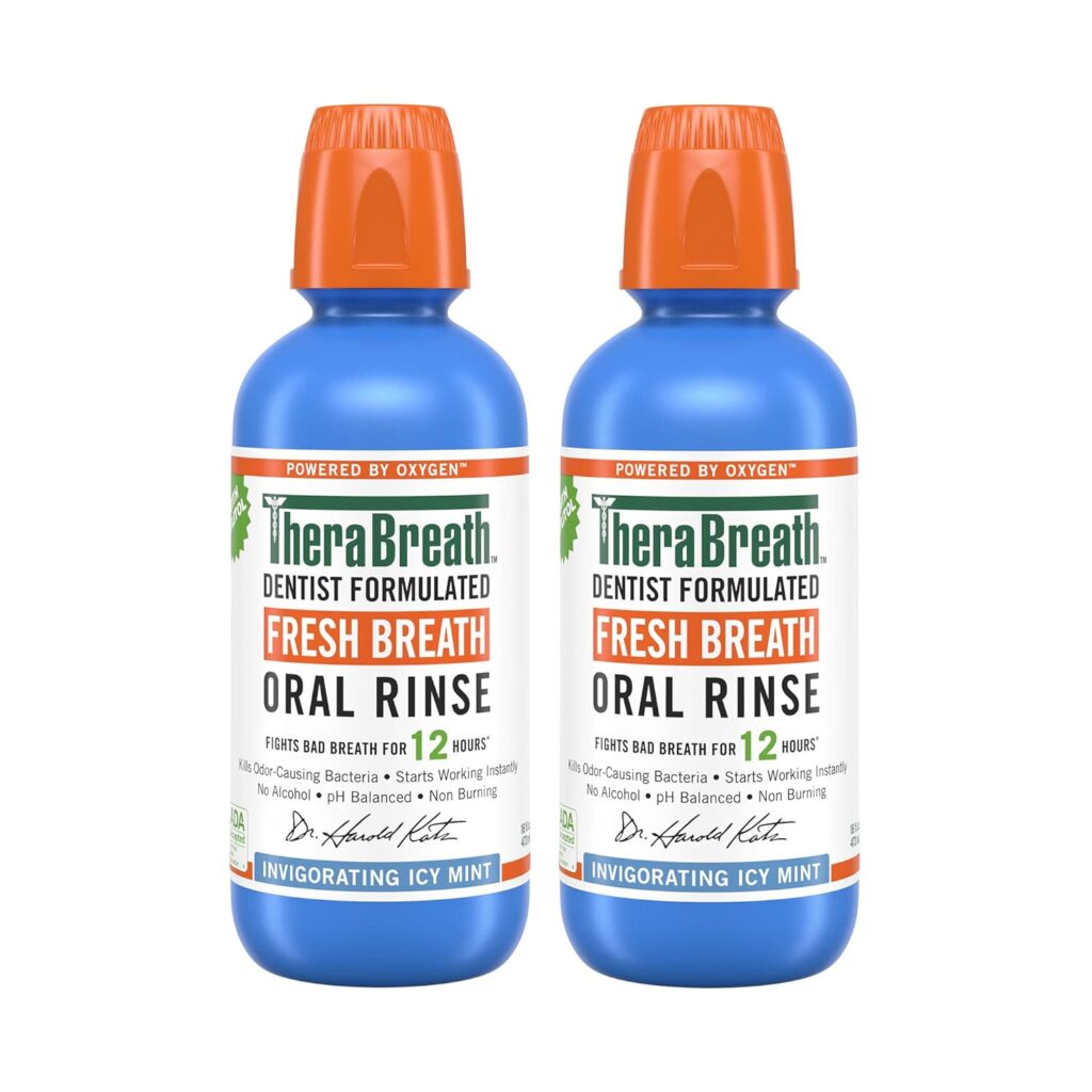 TheraBreath Fresh Breath Mouthwash, Icy Mint Flavor, Alcohol-Free, 16 Fl Oz (2-Pack)