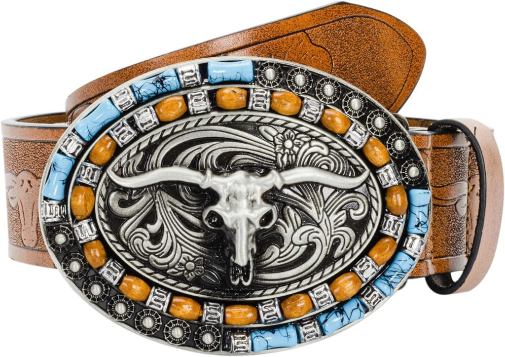 UTOWO Western PU-Leather Cowboy Buckle Belt for Men and Women Jeans Engraved Floral Longhorn Bull Buckle Belt (27-40 waist)