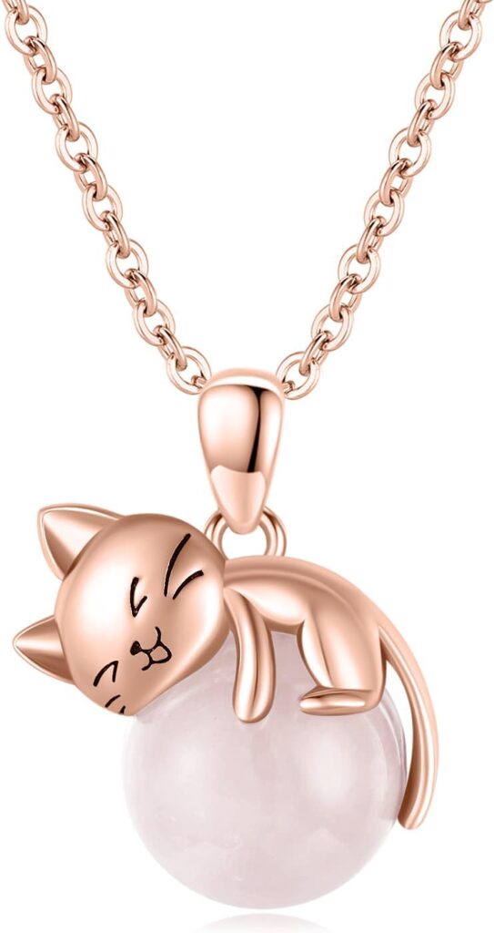 Vadmans Cat Animal Necklace with Rose Quartz Pearl Sterling Silver