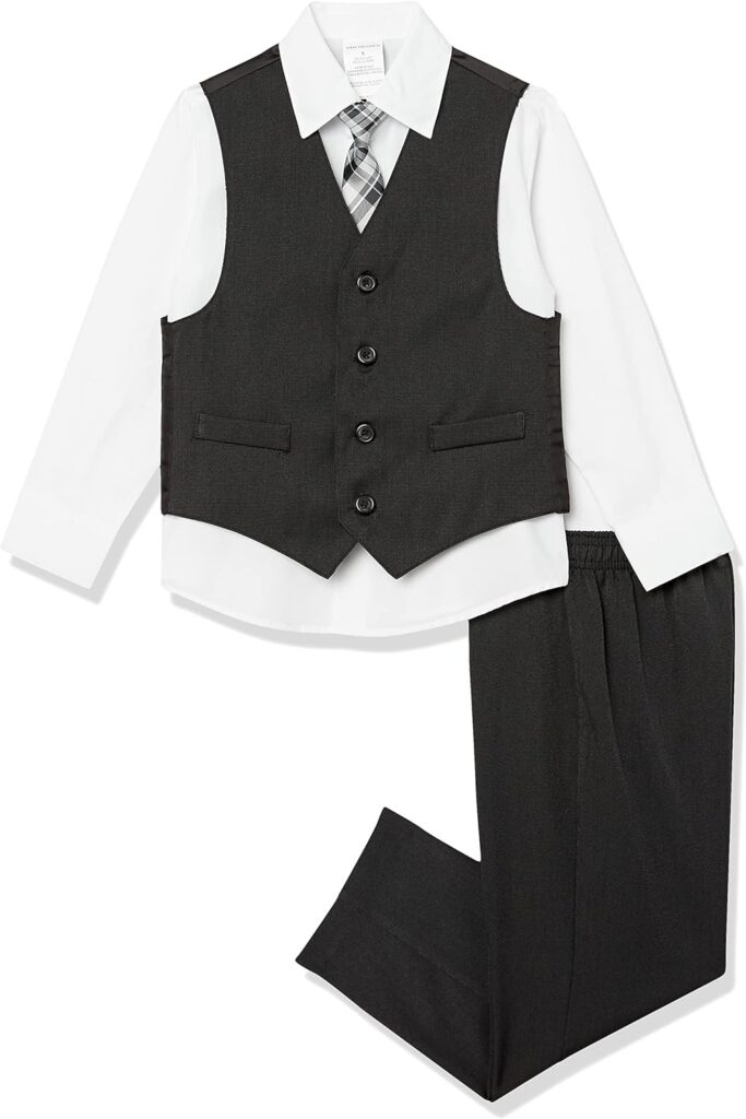Van Heusen Boys 4-Piece Formal Suit Set, Vest, Pants, Collared Dress Shirt, and Tie