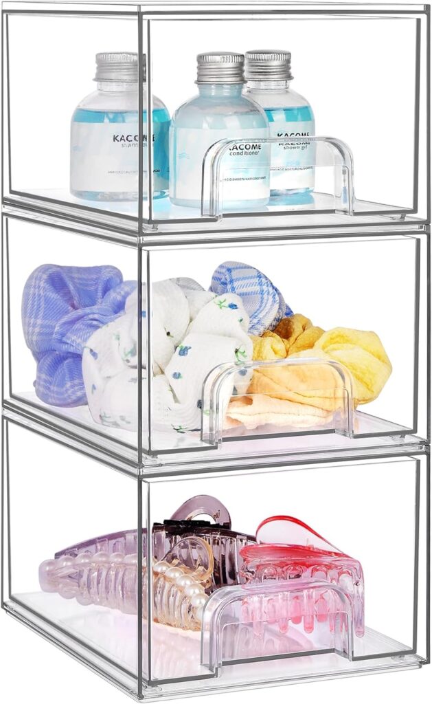 Vtopmart 3 Pack Stackable Makeup Organizer Storage Drawers, 4.4 Tall Acrylic Bathroom Organizers，Clear Plastic Storage Bins For Vanity, Undersink, Kitchen Cabinets, Pantry Organization and Storage