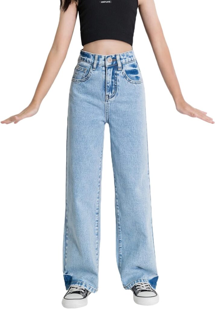 WDIRARA Girls High Waisted Straight Leg Button Jeans Casual Pocket Denim Pants