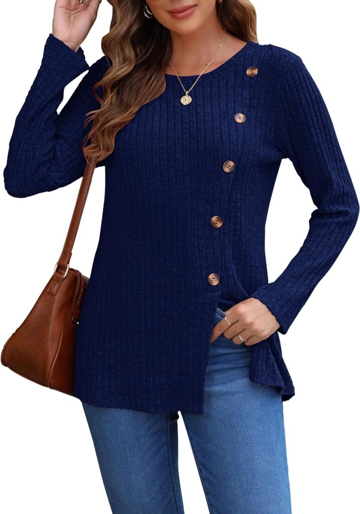 WNEEDU Womens Long Sleeve Tops Lightweight Fall Loose Casual Tunic Sweaters Crew Neck Pullover Shirts