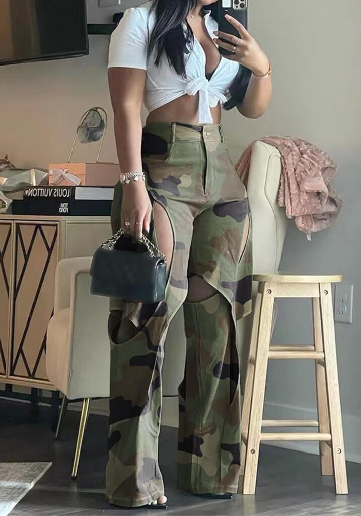 Womens Camo Cargo Pants High Waist Baggy Wide Leg Camouflage Army Fatigue Slim Fit Pockets Joggers Sweatpants