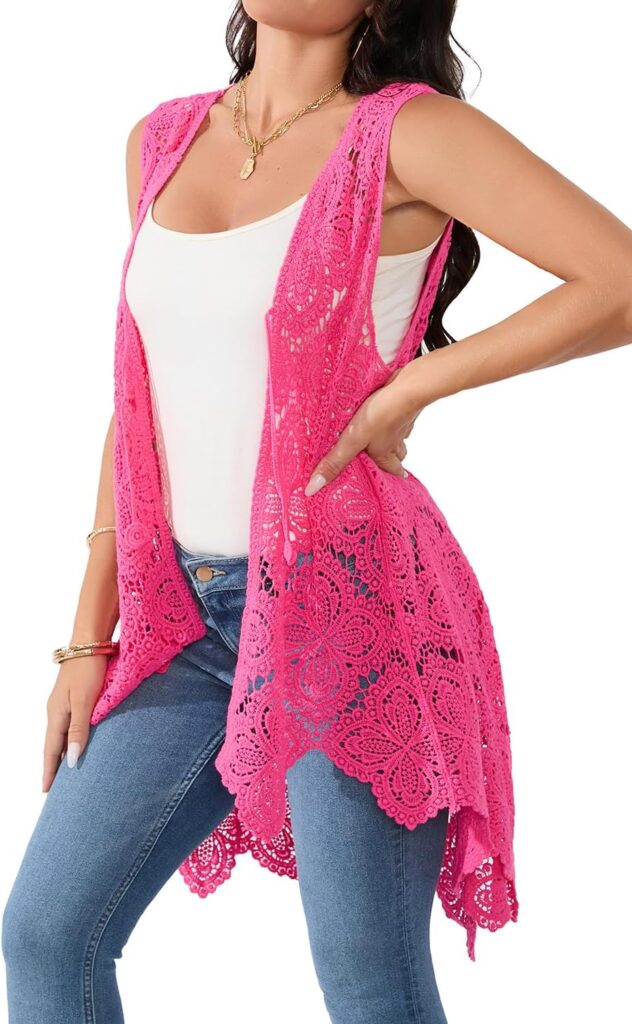 Womens Crochet Lace Vest Boho Sleeveless Kimono Irregular Hem Cardigan