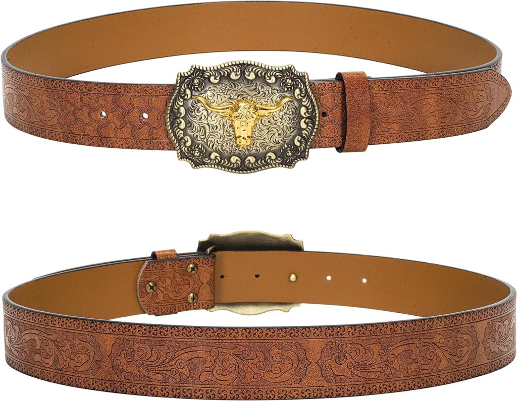 YCMI Western Cowboy Belts for Men Women - Bull Buckle Vintage Floral Engraved Belt for 25 to 38 waist