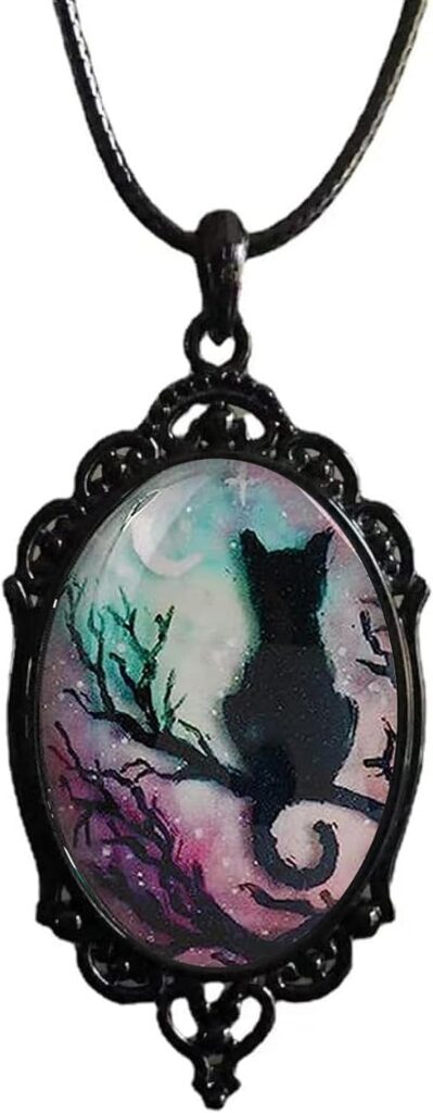 YWMAN Cat Moon Cameo Necklace - Vintage Gothic Oval Frame Pendant Necklace Mystic Witch Jewelry Gift Accessories