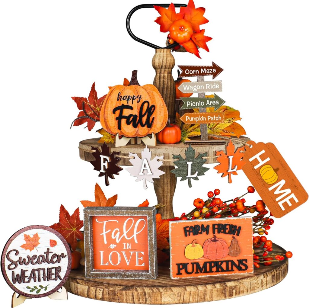 10 PCS Fall Tiered Tray Decorations Fall Wood Table Signs Autumn Vintage Wooden Tabletop Decor Centerpieces for Harvest Thanksgiving Table Decor