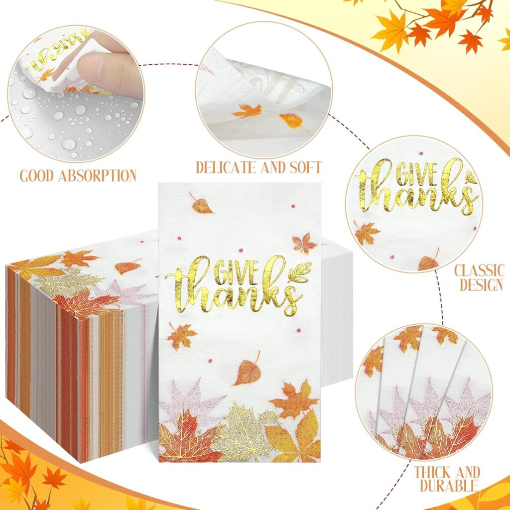 100pcs Give Thanks Paper Napkins, Disposable Thanksgiving Napkins Fall Maple Leaves Paper Hand Towels for Autumn Harvest Thanksgiving Party Table Home Kitchen Bathroom Decorations, 7.9 * 4.3inch