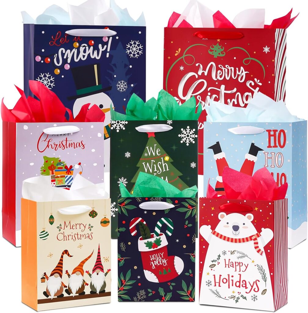 24 PCS Christmas Gift Bags Assorted Sizes, Includes 6 Extra Large, 9 Large, 9 Medium, Holiday Gift Bags Bulk with Handle Tissue Paper for Wrapping Christmas Gifts, Holiday Present, Wrap Décor