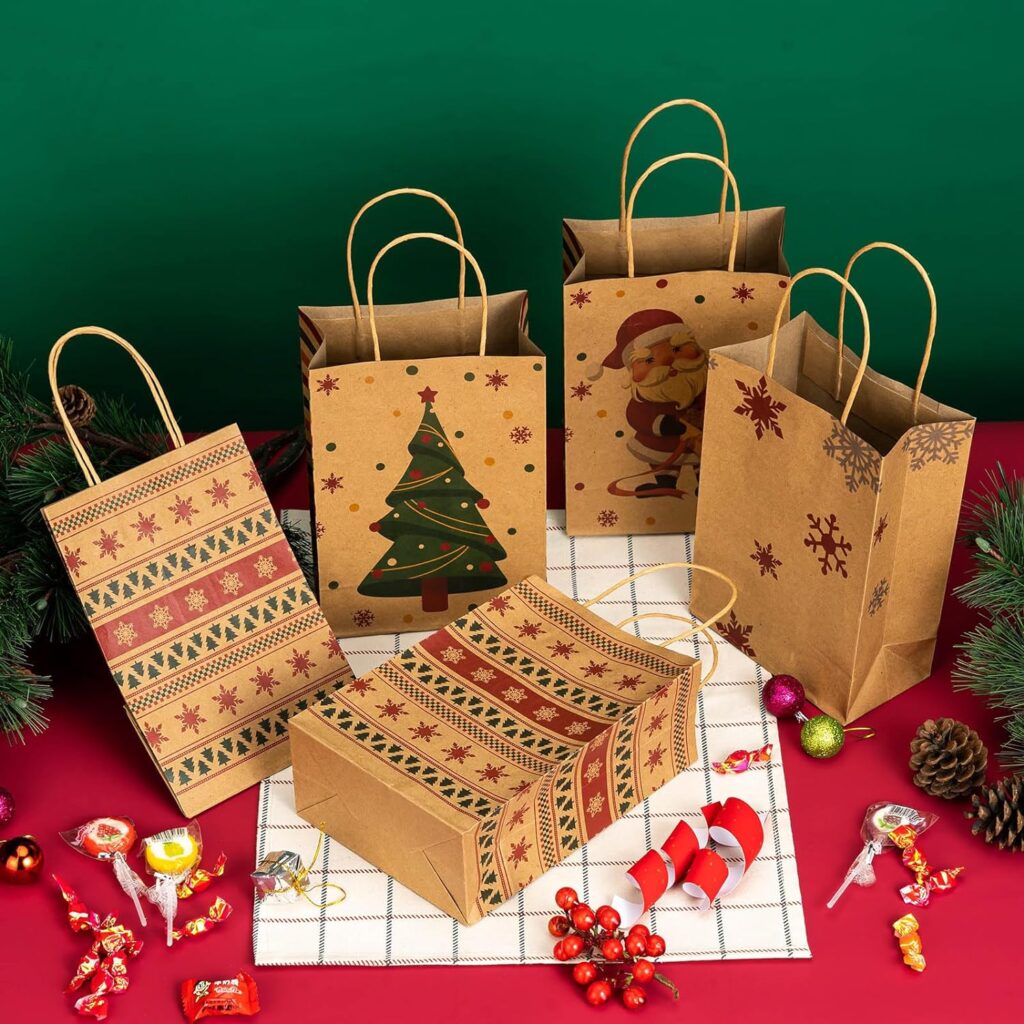 24 PCS Small Christmas Gift Bags With Handles, 4 Designs Christmas Kraft Paper Bags for Holiday Paper Gift Bags, Christmas Goody Bags, Xmas Gift Bags, Classrooms and Party Favors (5.8 x 3.2 x 8.25 )