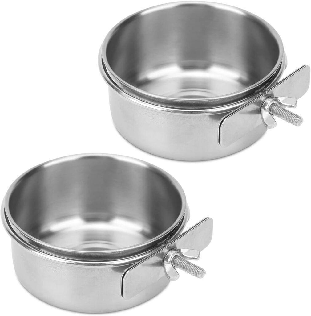 2pcs VVNIAA Stainless Steel Bird Bowls with Clamp, Durable Water Bowl, Feeding Cups, Chinchilla Food Bowl, Bird Dishes for Cage, Bird Cage Feeders and Waterers