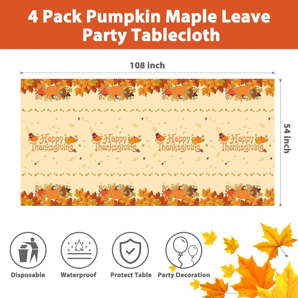 4 Pack Thanksgiving Fall Tablecloths, Pumpkin Maple Leaves Table Cloth Disposable Plastic Autumn Harvest Thanksgiving Table Cover for Dinner Kitchen Party Holiday Decorations, 54” x 108” Rectangle