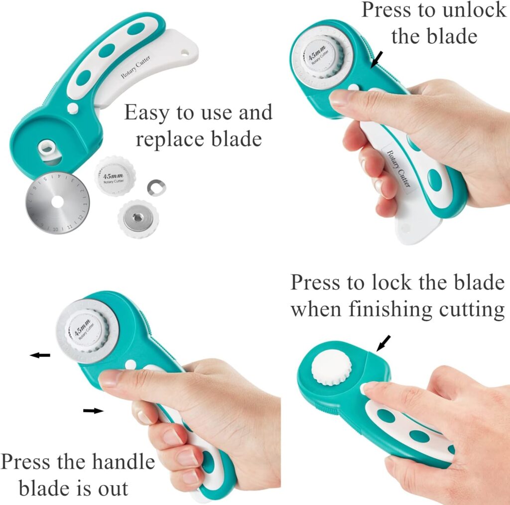 45mm Rotary Cutter with 5pcs Extra Blades, Ergonomic Handle Rolling Cutter with Safety Lock for Fabric, Leather, Crafting, Sewing, Quilting, Fabric Rotary Cutter Perfect for Left  Right Hand (Green)