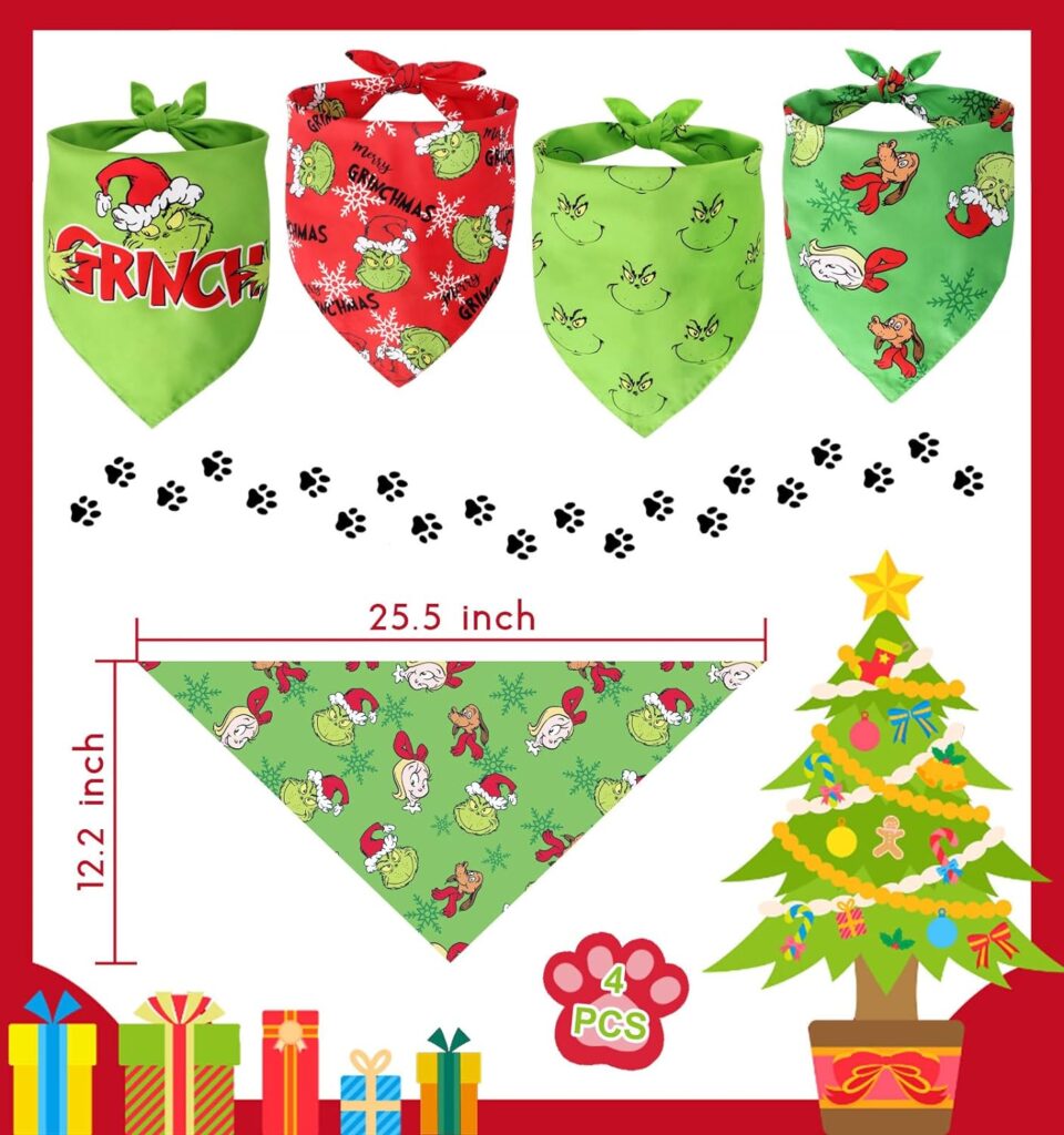 4Pack Christmas Dog Bandana,Grinchs Bandanas for Dog Costume Accessories for Small Medium Dogs Cats