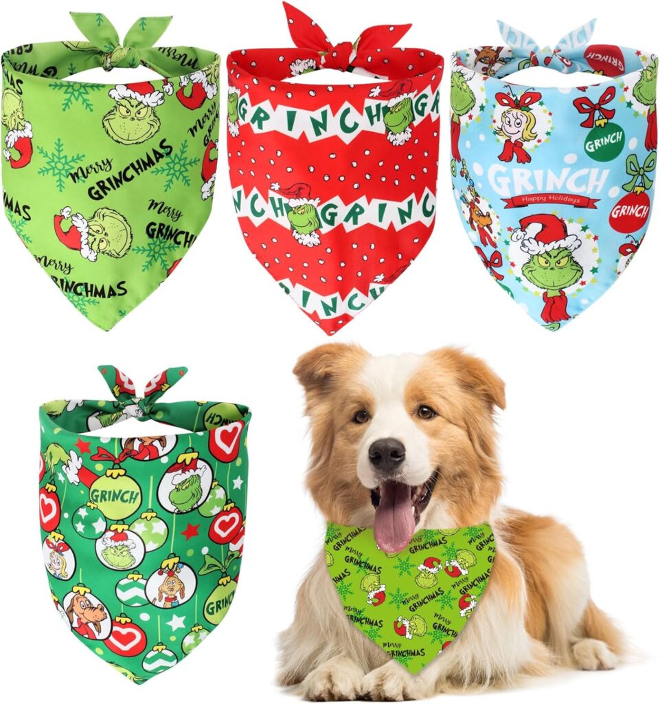 4Pack Christmas Dog Bandanas,Grinchs Bandanas for Dog Costume Accessories for Small Medium Dogs Cats Pets