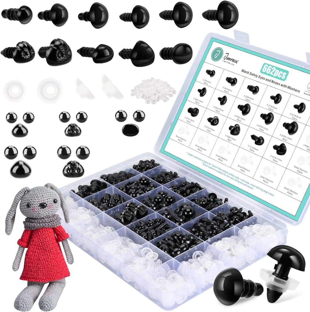 662Pcs Safety Eyes and Noses for Amigurumi, Junreox Preimum Safety Eyes for Crochet Stuffed Animals, 5-14mm Assorted Plastic Crochet Craft Eyes with Washers for Teddy Bear, Dolls, Plushies Toys, Black