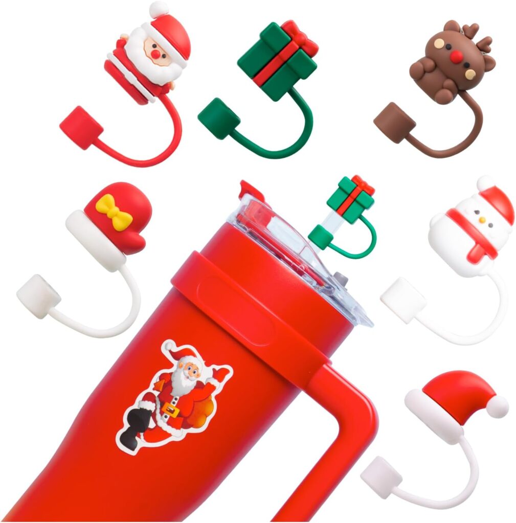 6Pcs Christmas Straw Cover Cap for Stanley Cup - 10mm 0.4in Dust Straw Topper Animal Straws Silicone Cup Accessories for Christmas Gifts (Fits 40 oz  30 oz Tumblers with Handle)