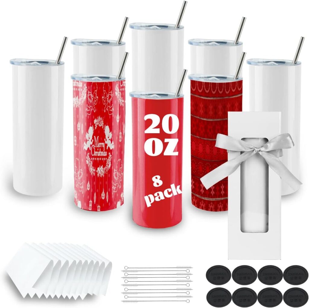 8 Pack Straight Sublimation Tumblers bulk 20 oz Skinny,Stainless Steel Double Wall Insulated Tumbler Cups Blank White with Lid, Straw, Individually Boxed,Polymer Coating for Heat Transfer