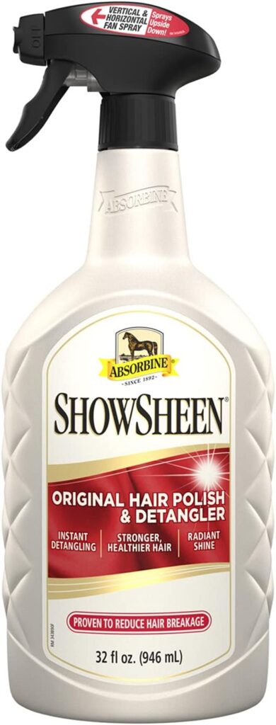 Absorbine ShowSheen Hair Polish  Detangler for Coat, Mane  Tail for Horses  Dogs, Mane and Tail Detangler Spray, Instant Detangling, Reduce Hair Breakage, Nourish Hair  Radiant Shine, 32oz Spray Bottle