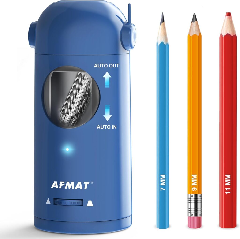 AFMAT Electric Pencil Sharpener, Fully Automatic Pencil Sharpener for Colored Pencils 7-11.5mm, Auto in  Out, Rechargeable Hands-Free Pencil Sharpener for Large Pencils, Adjustable Thickness, Green