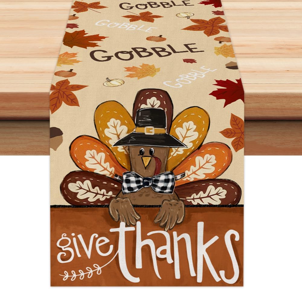 ARKENY Fall Thanksgiving Table Runner 13x72 Inches,Give Thanks Gobble Turkey Seasonal Burlap Farmhouse Indoor Outdoor Autumn Table Runner for Home AT497-72