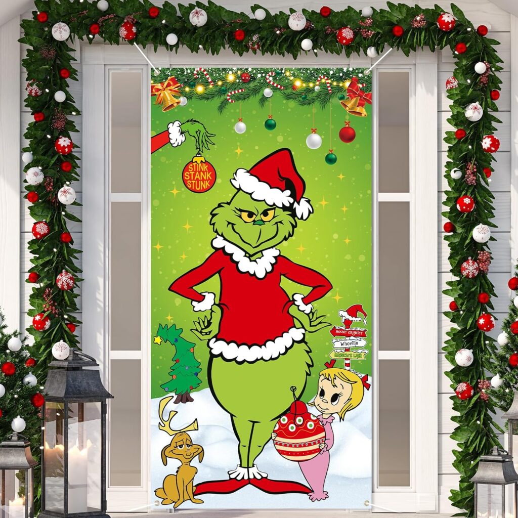Arosche Large Christmas Grinch Door Cover Decorations 6x2.9 Ft Merry Christmas Green Backdrop Funny Xmas Hanging Background for Indoor Outdoor Christmas Themed Door Banner Party Supplies