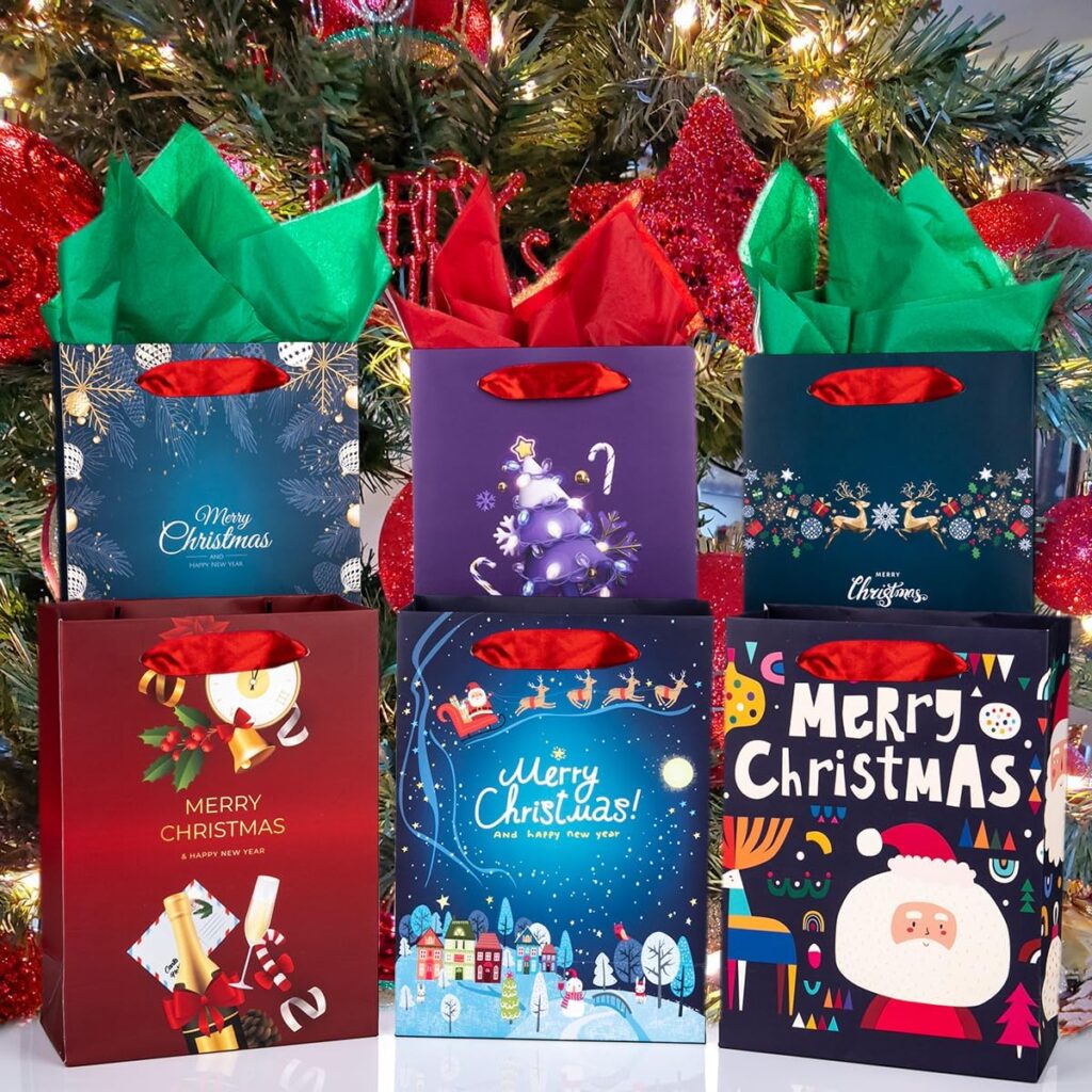 ARTLYMERS 24Pcs Small Christmas Gift Bags with Handles, Tissue Papers for Gift Wrapping, Bulk Kraft Paper Bags Assorted Christmas Prints for Xmas, Birthday, Holiday, Party Favor, Goody, Take-Out